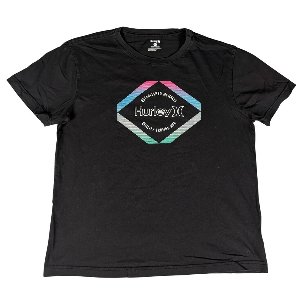 Hurley Graphic T-Shirt Women Medium Black Rainbow Logo Short Sleeve Excellent